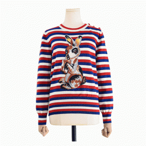 100% bavlněný svetr pruhovaný Jacquard králík náplast pletené ženy